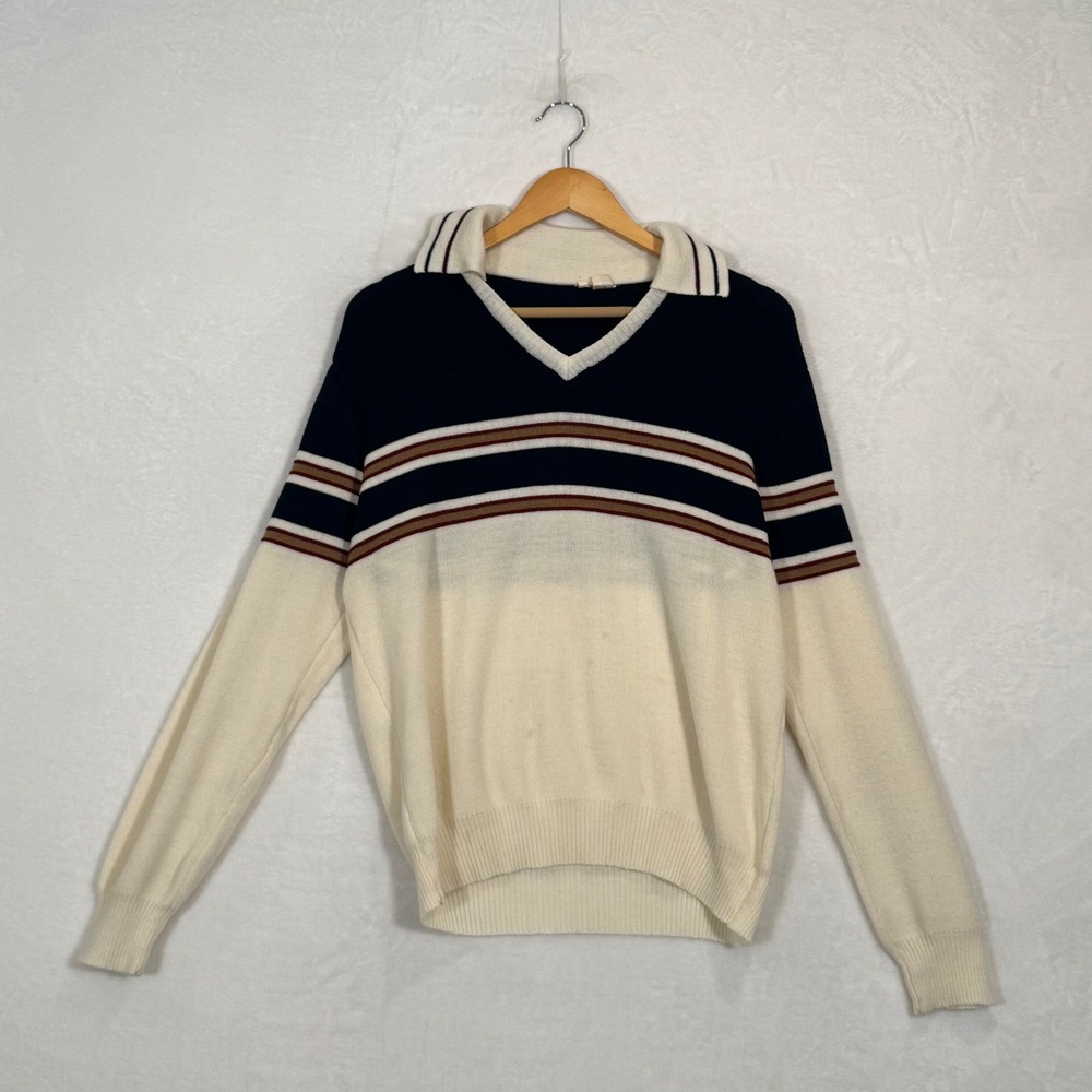 Vintage Navy Cream Striped Collared V-Neck Knit Sweater Large